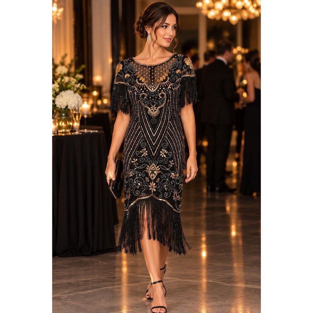 Black Gold Sequin Flapper Dress Fringe Hem Great Gatsby Party 1920s Style Size M